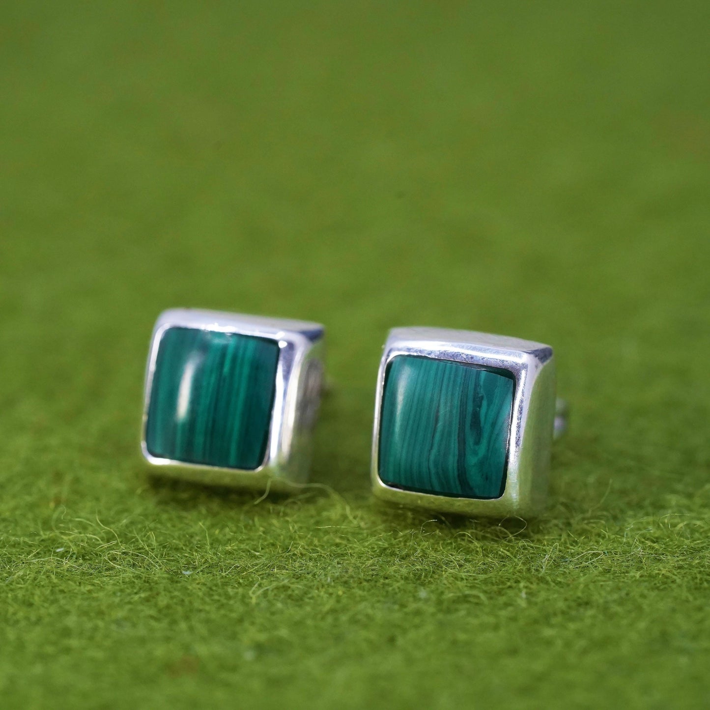 Vintage southwestern Sterling silver earrings, 925 square studs malachite