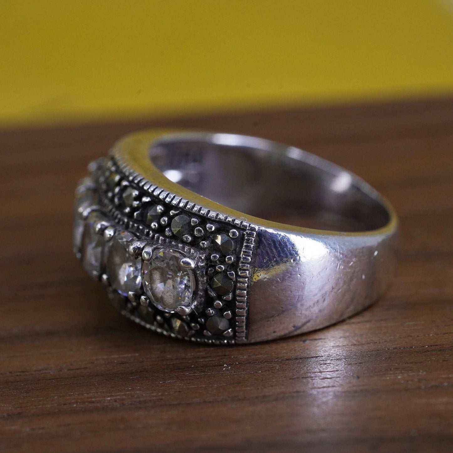 Size 8.25 vintage Sterling silver ring with cluster marcasite and cz, 925 band