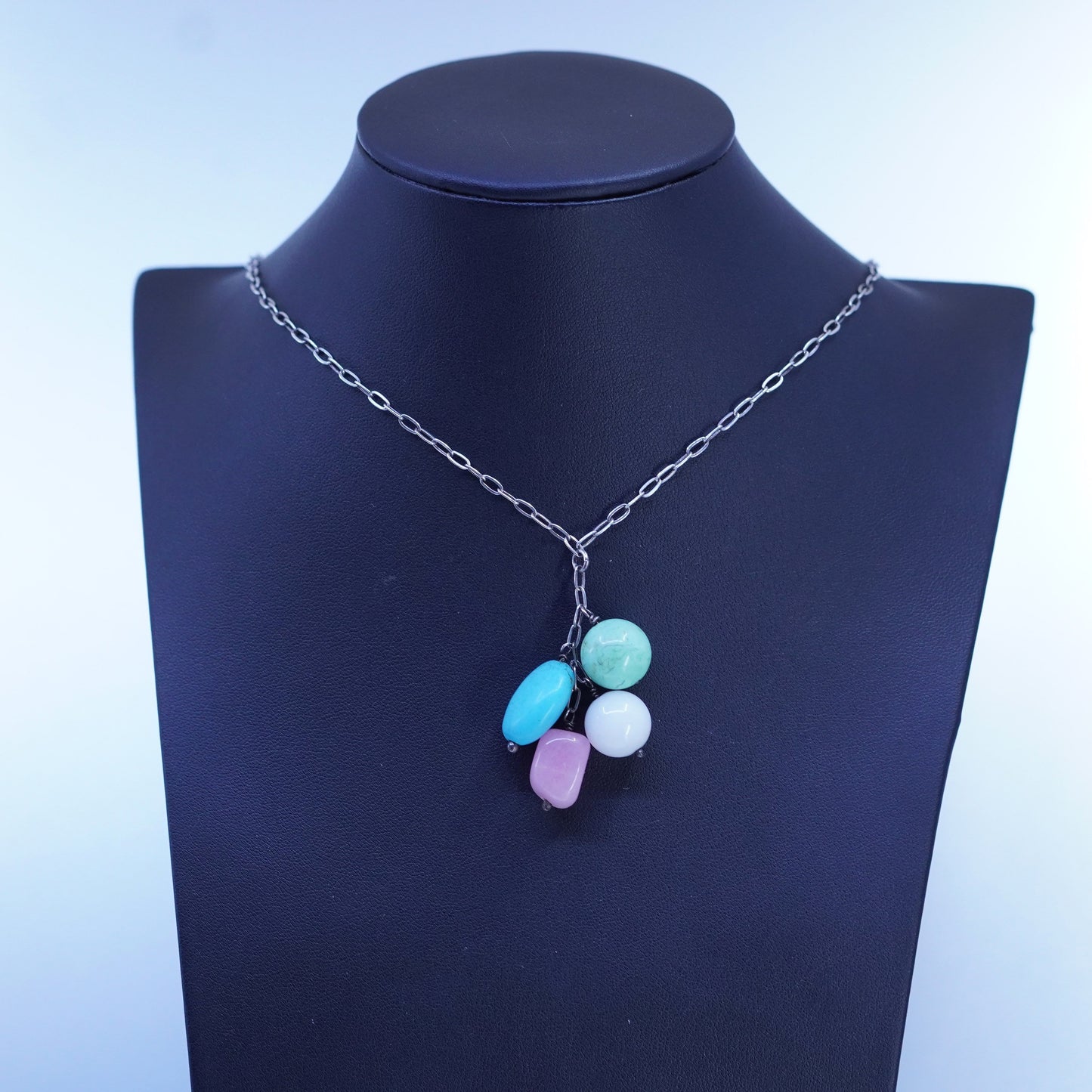 18”, Sterling 925 silver elongated necklace with turquoise quartz beads pendant