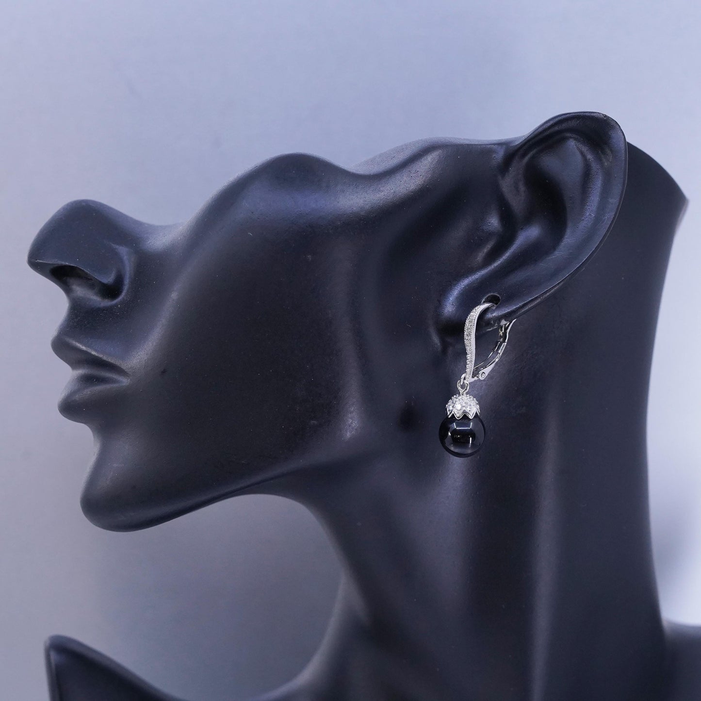 vintage Sterling silver earrings, 925 lever back with onyx beads and cz