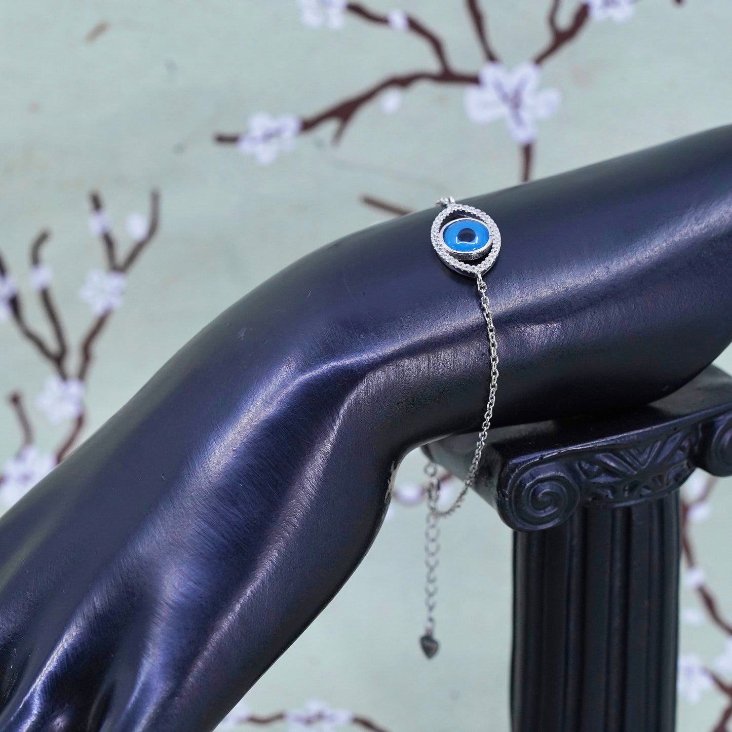 6.75+1”, handmade sterling 925 silver bracelet, blue glass evil eye with Cz