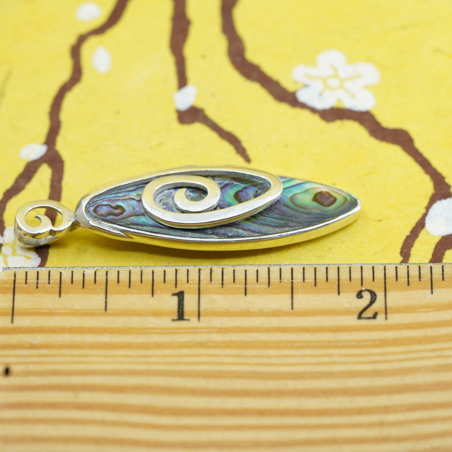 Sterling silver handmade pendant, solid Mexico 925 swirl with marquise abalone