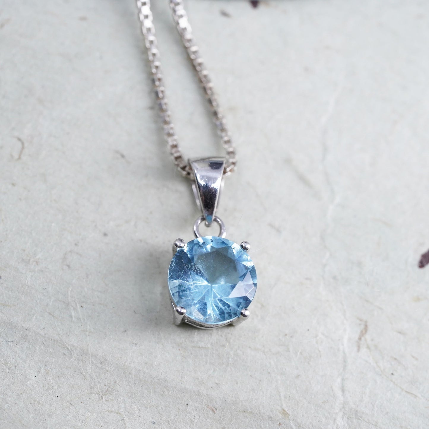 16”, Sterling silver handmade necklace, 925 box chain with blue Crystal pendant