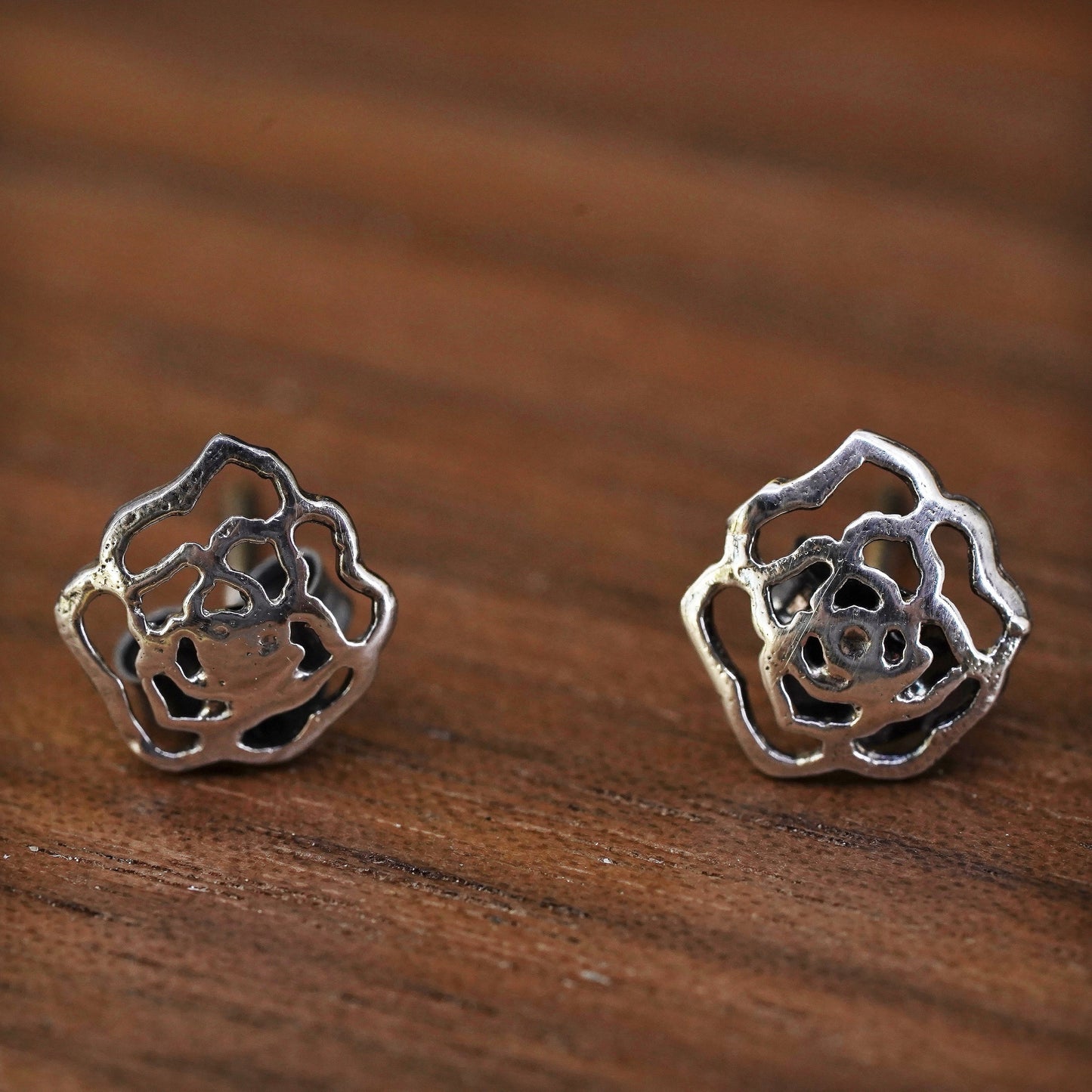 Vintage Sterling silver handmade earrings, 925 rose flower studs