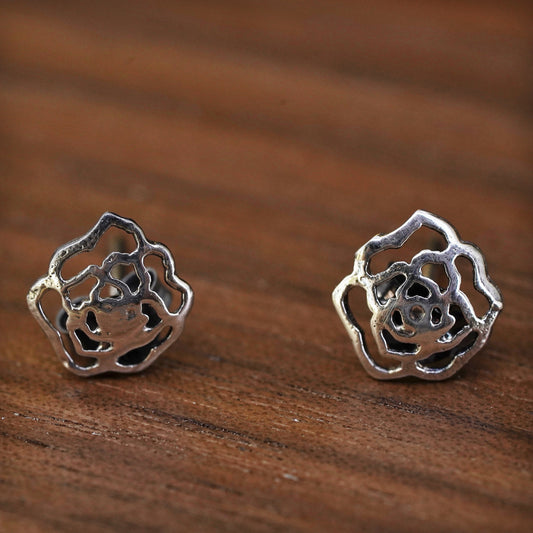 Vintage Sterling silver handmade earrings, 925 rose flower studs