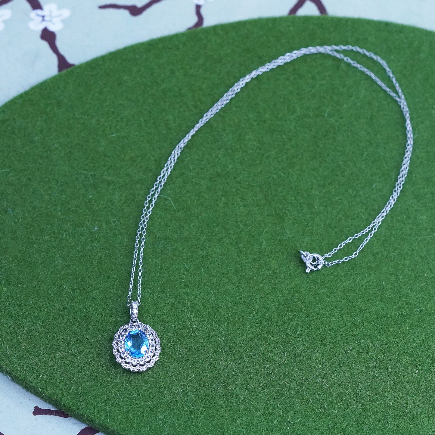 18”, Sterling silver necklace, 925 circle link chain with blue topaz pendant