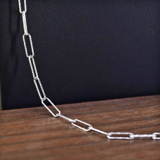 30" Italian textured sterling silver elongated chain, Italy 925 silver necklace