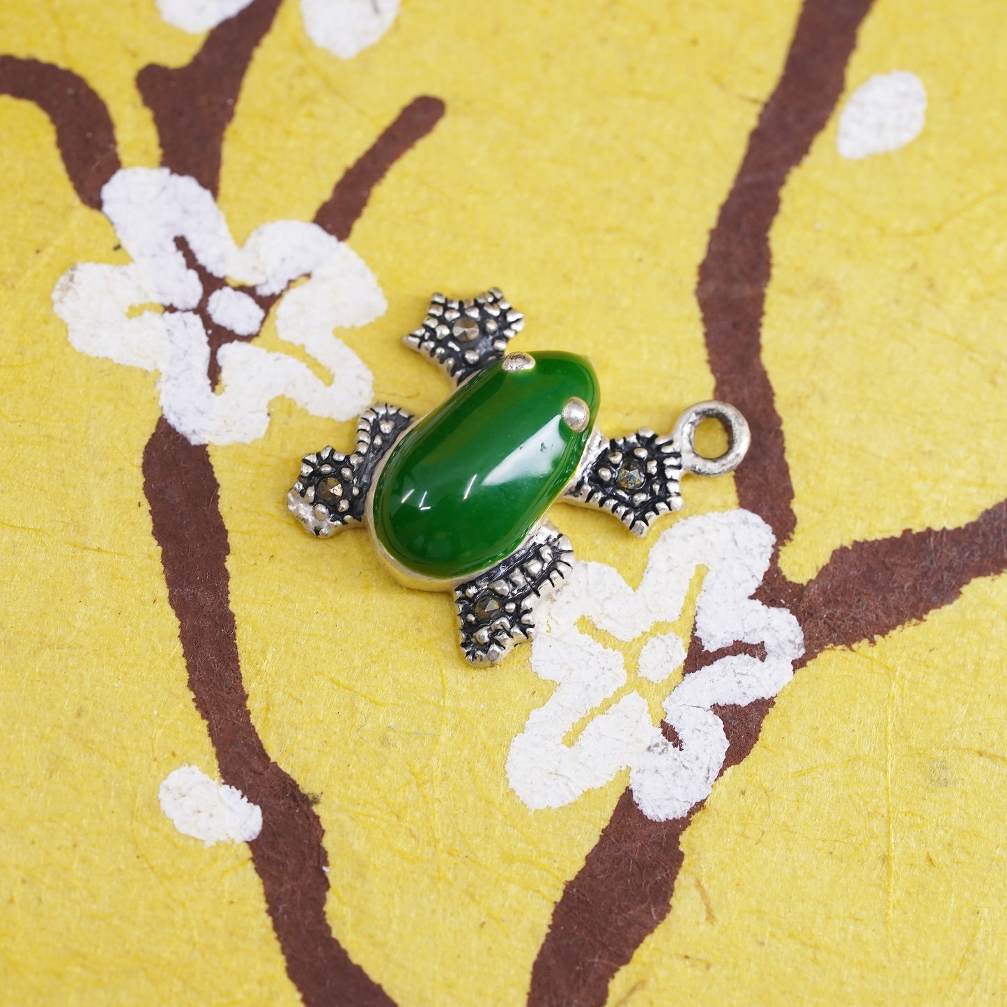 Vintage Sterling silver handmade charm, 925 green enamel glass frog