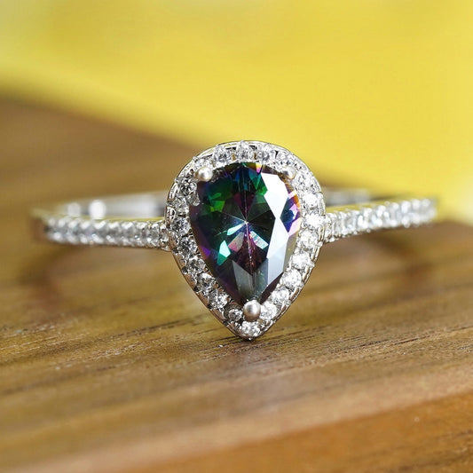 Size 10, vintage Sterling 925 silver ring with teardrop rainbow topaz and cz