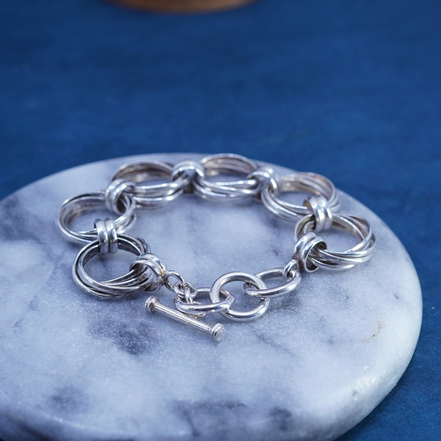 7.5+1.5”, vintage Sterling silver bracelet, 925 entwined bold circle chain