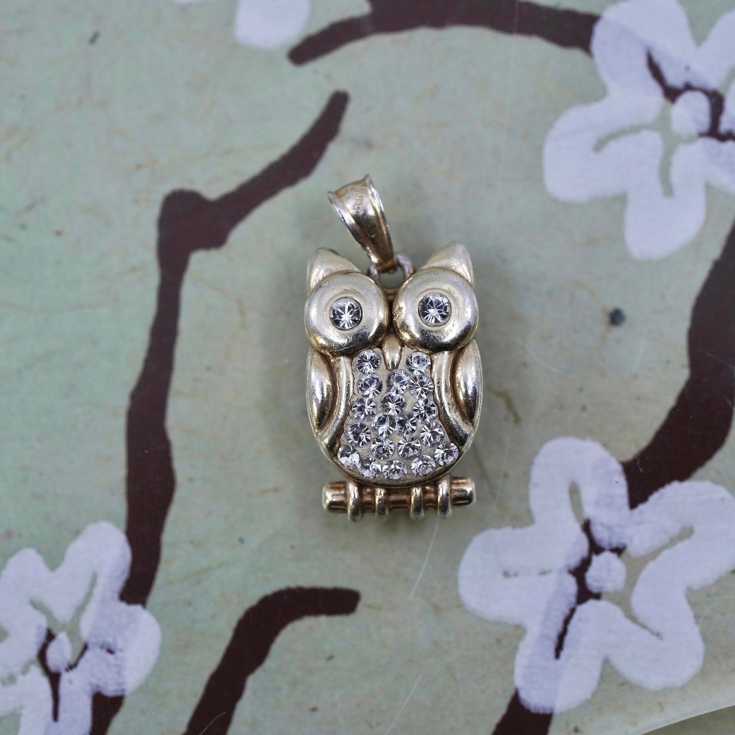 Vintage yellow gold over sterling 925 silver owl pendant with cluster crystal