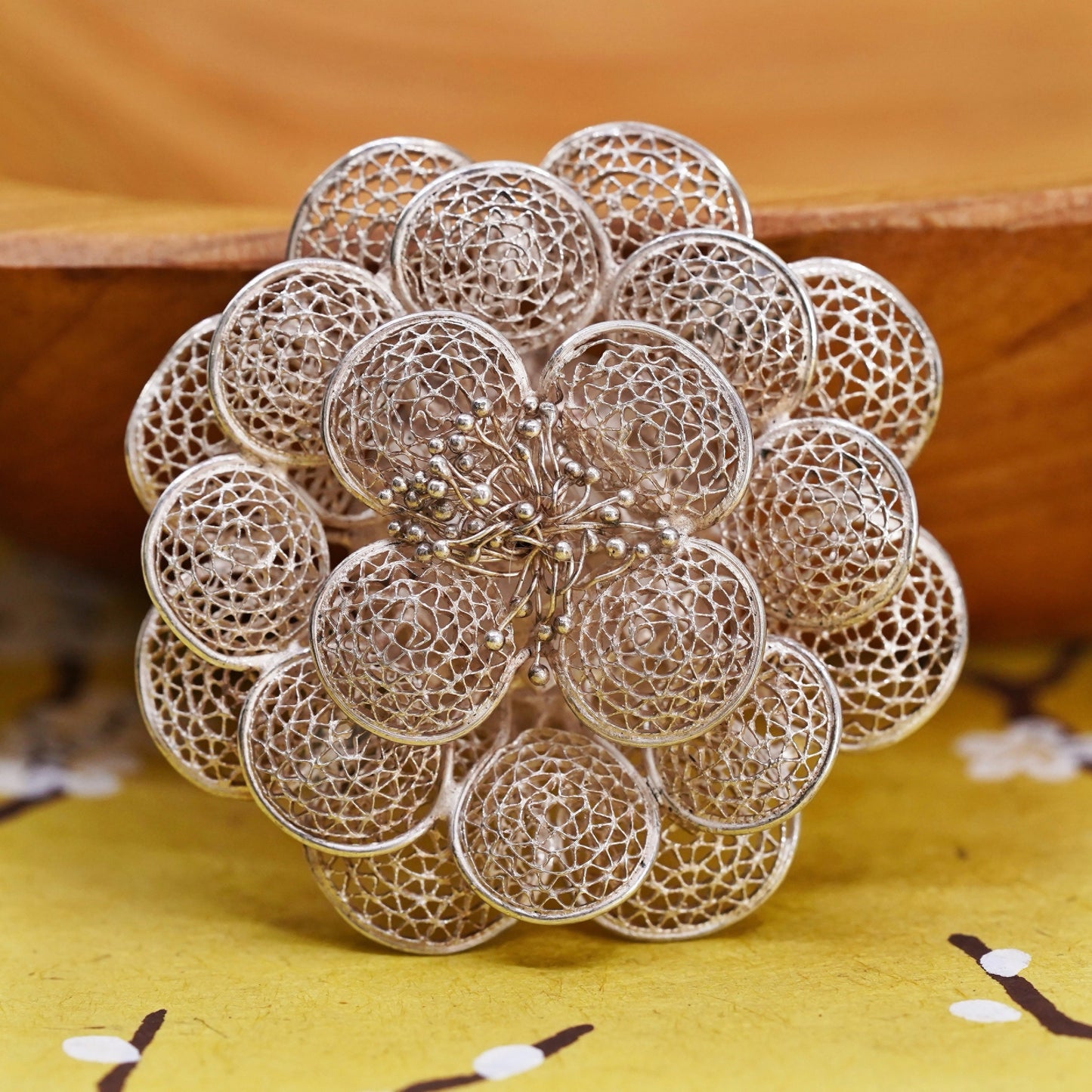 Vintage handmade sterling 925 silver filigree flower brooch