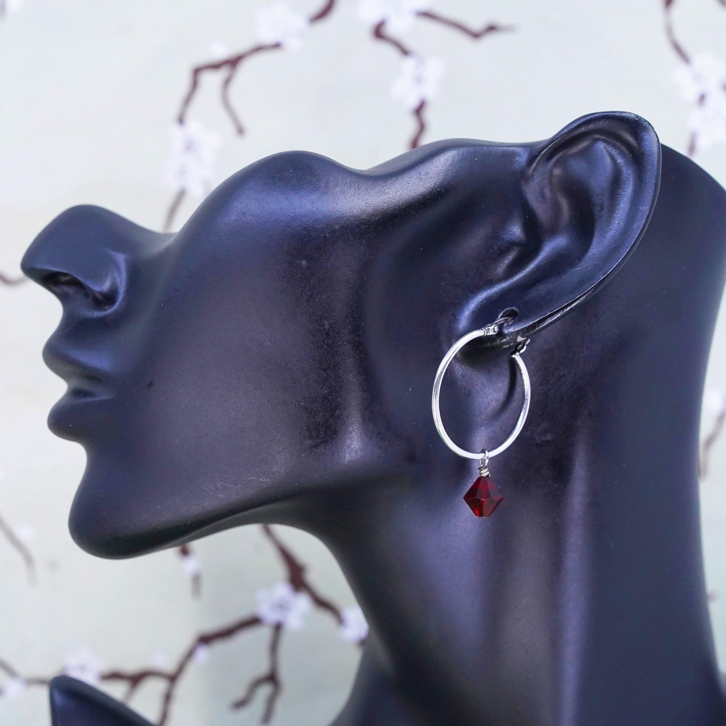 1”, Vintage sterling silver loop earrings, primitive hoops with red crystal