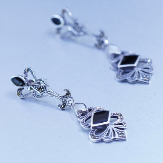 Sterling 925 silver handmade filigree earrings with black onyx and marcaiste