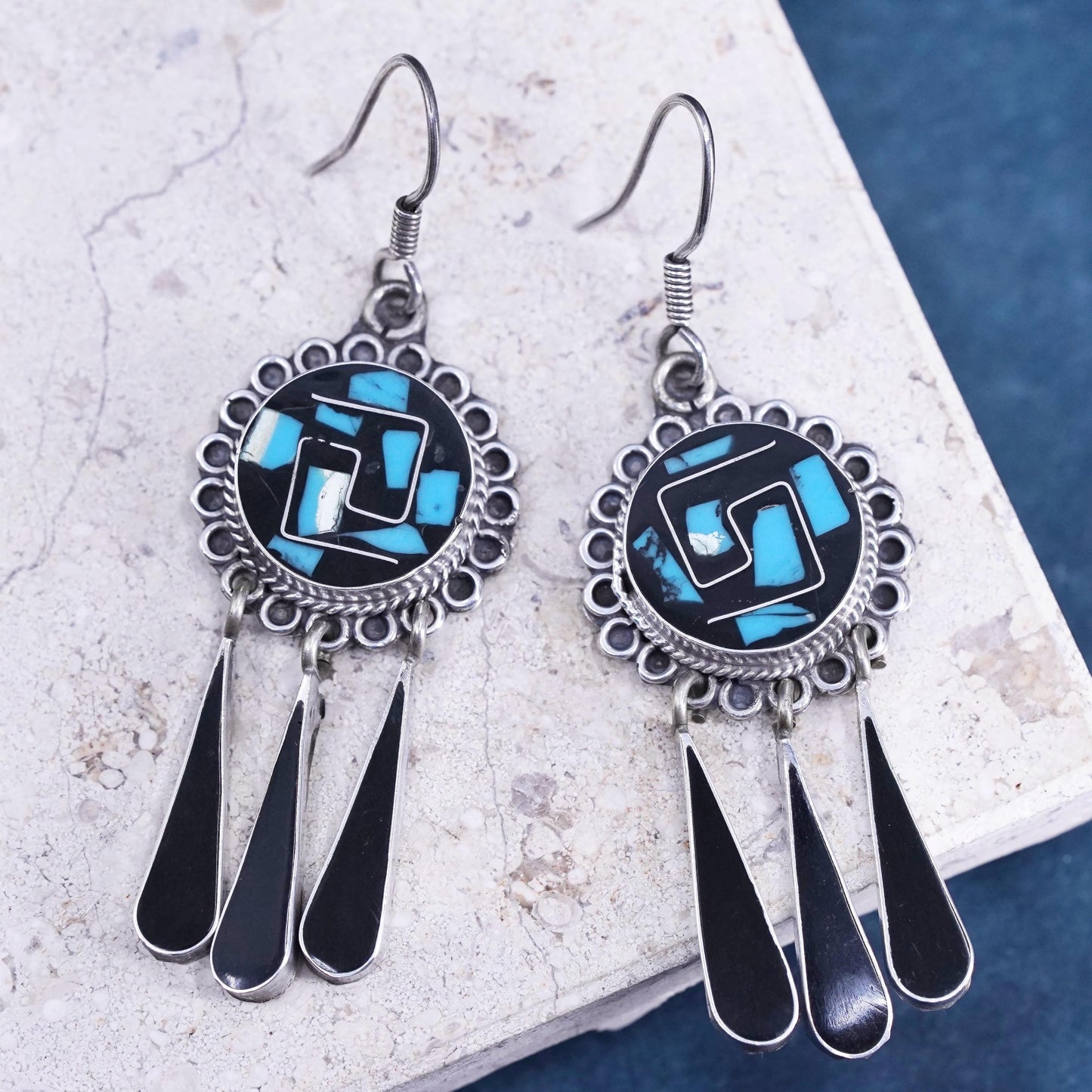 Mexican Sterling silver earrings, 925 circle with turquoise teardrop dangles