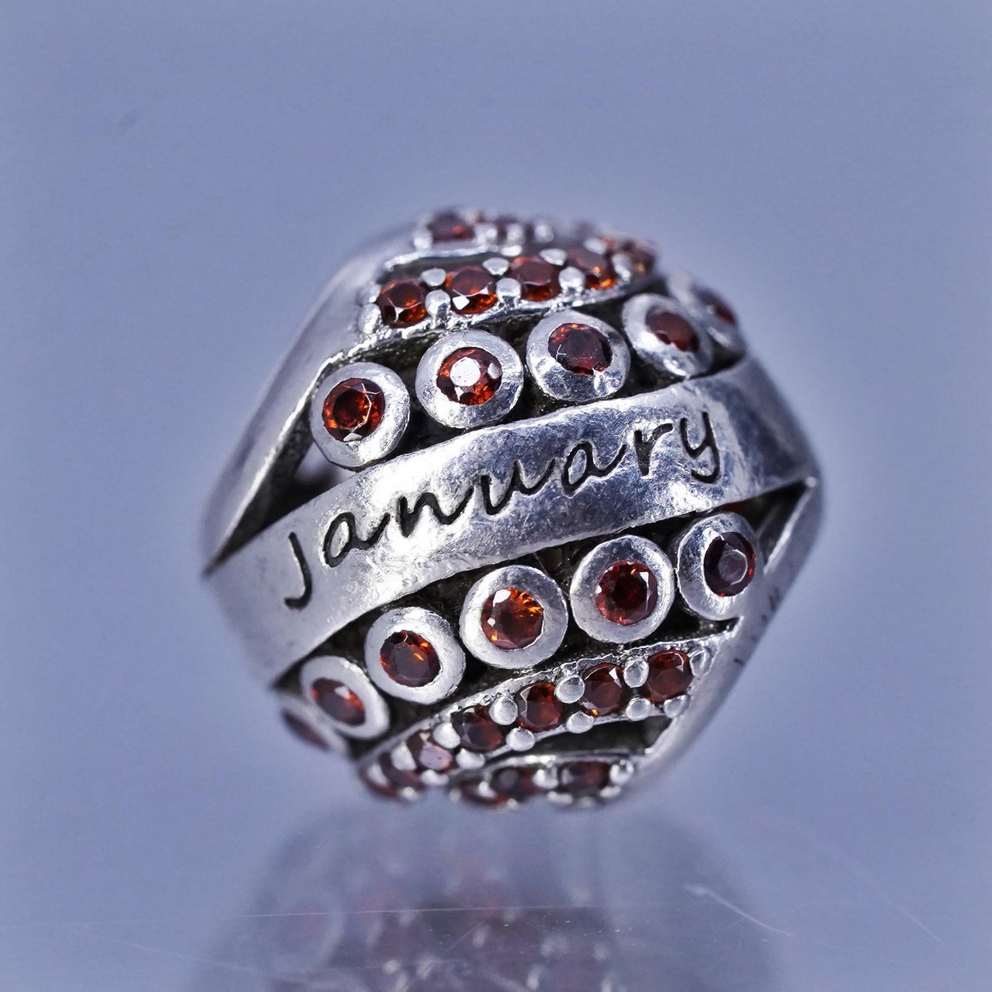 Vintage sterling 925 silver bead pendant charm cluster ruby embossed “January”