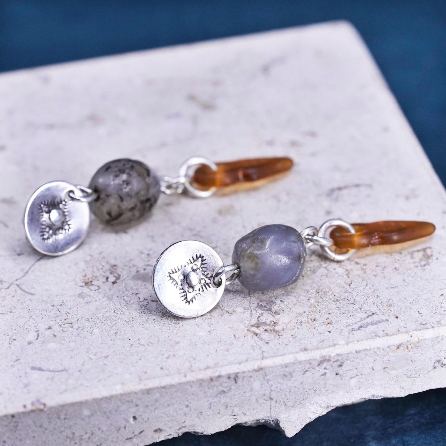 Sterling silver earrings, 925 studs with rutilated quartz amber arrow dangles