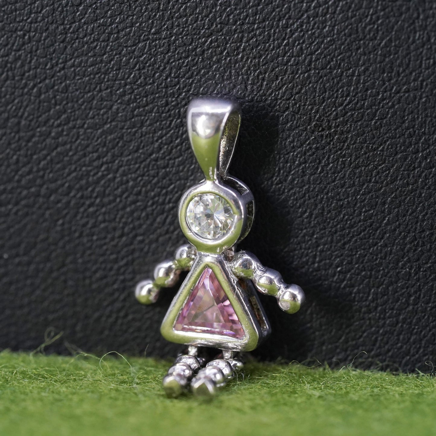 Vintage sterling 925 silver birthstone pendant pink crystal girl figure charm