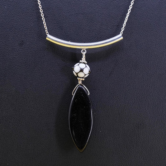 14+5”, vintage sterling silver necklace, 925 circle chain with obsidian pendant