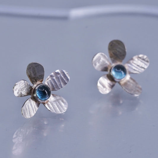 southwestern Sterling 925 silver handmade earrings, flower studs blue crystal