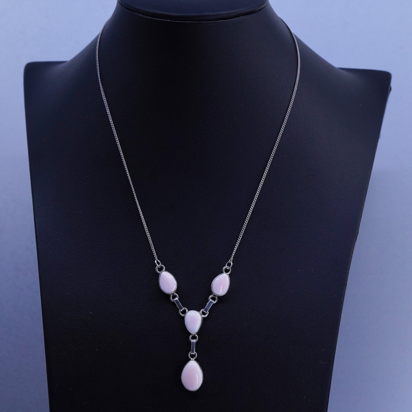 16”, Italian Sterling 925 silver curb chain necklace with teardrop pink opal