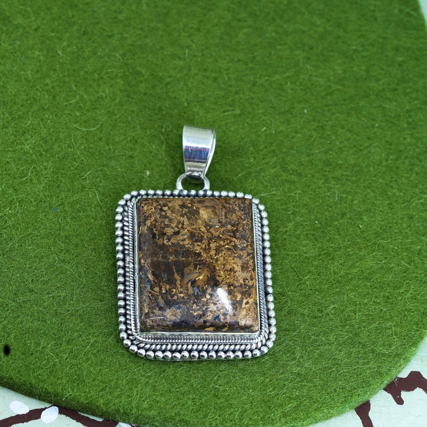 sterling silver handmade pendant with rectangular golden tiger eye and beads