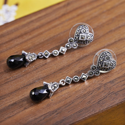 Vintage Sterling 925 silver handmade earrings, teardrop obsidian with Marcasite