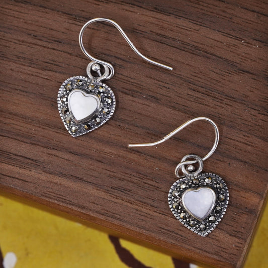 Sterling 925 silver handmade earrings with heart mother of pearl and Marcasite