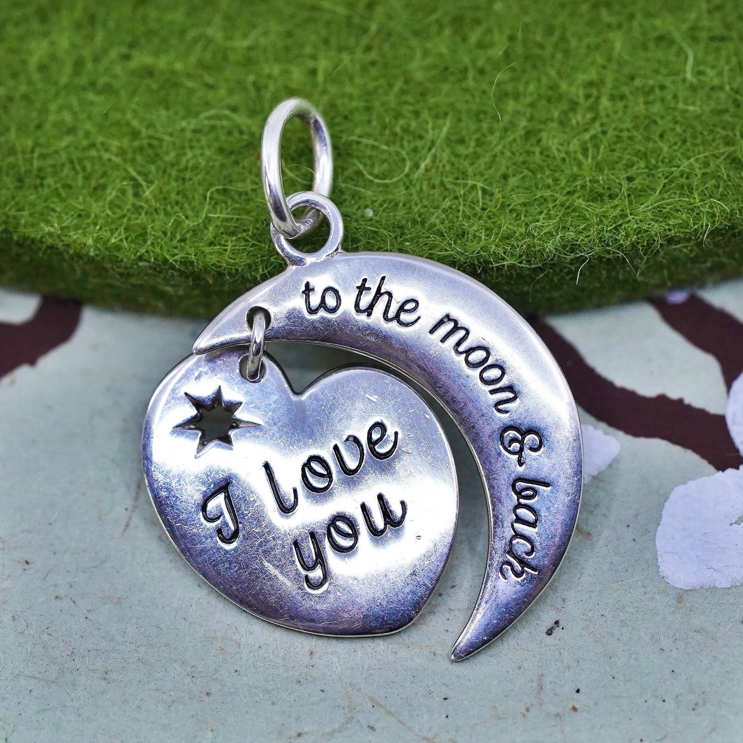 Sterling silver charm, 925 heart moon pendant "I love you to the moon & back"
