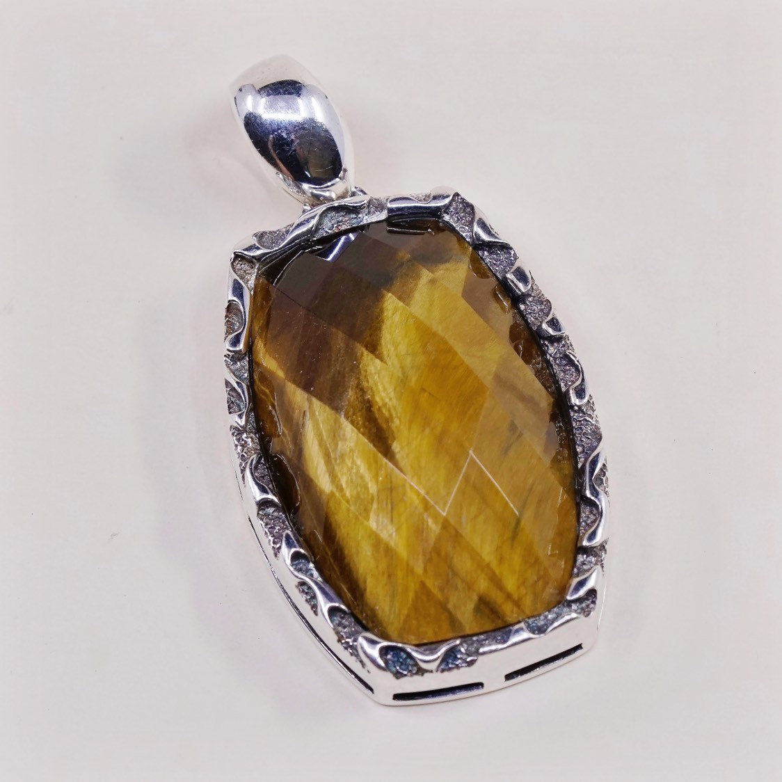 VTG WK sterling silver pendant, cushion cut golden tiger eye 925 pendant