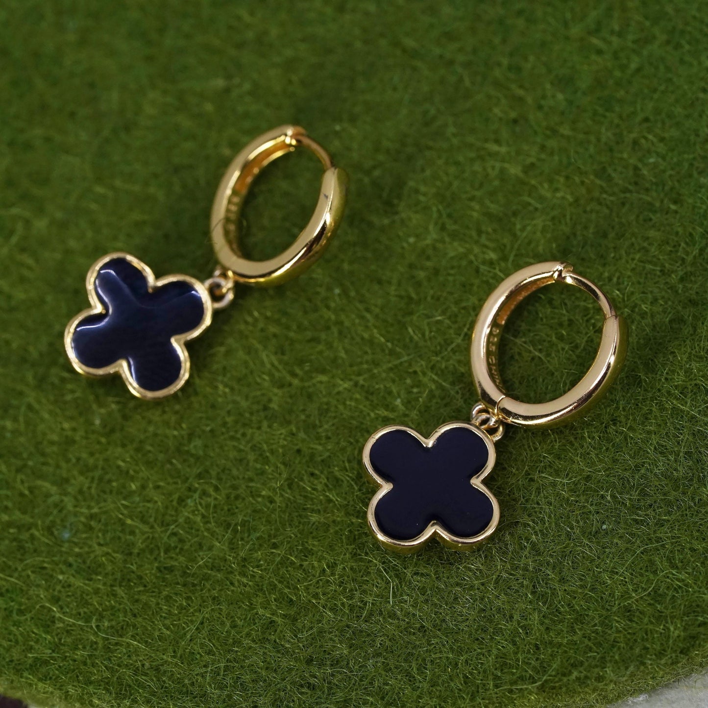 Vermeil gold sterling silver earrings, 925 hoops, huggie black enamel flower