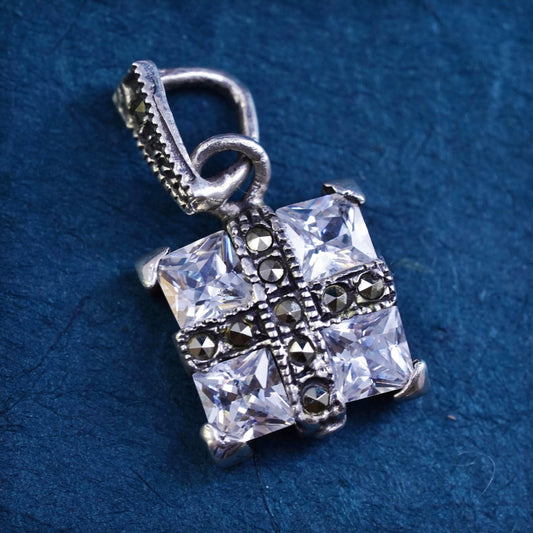 Vintage sterling 925 silver handmade pendant with cz and marcasite