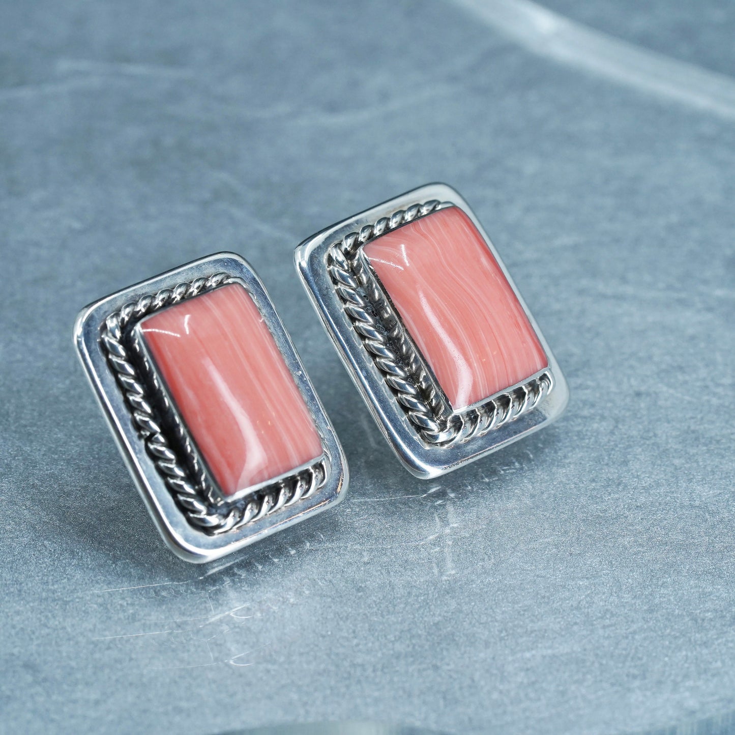 Vintage Mexican Sterling 925 silver earrings, rectangular studs with orange jasper