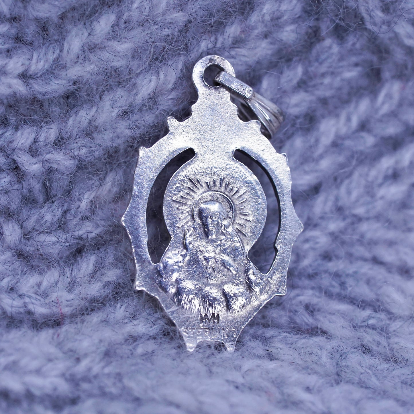 Vintage Sterling silver handmade pendant, 925 relief Jesus Virgin Mary charm