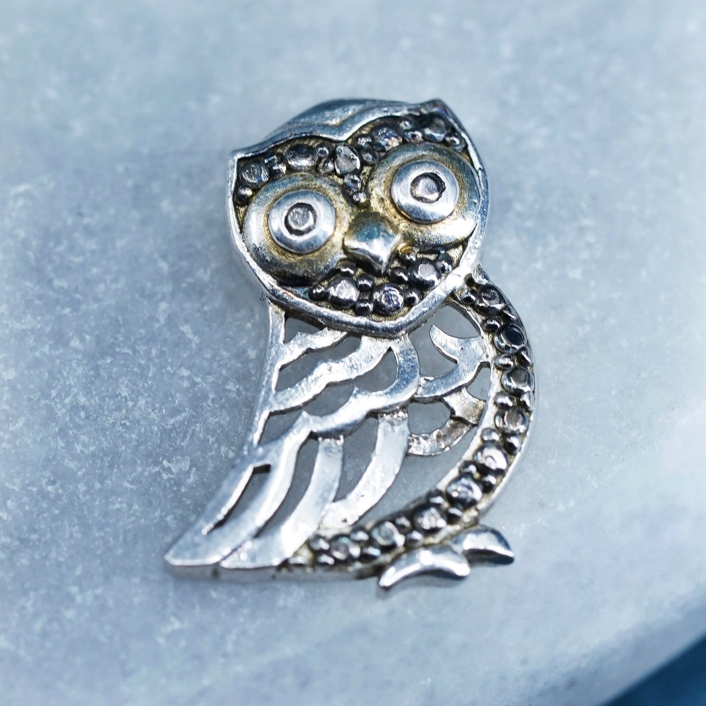 Vintage Sterling silver Handmade pendant, 925 owl charm with diamond