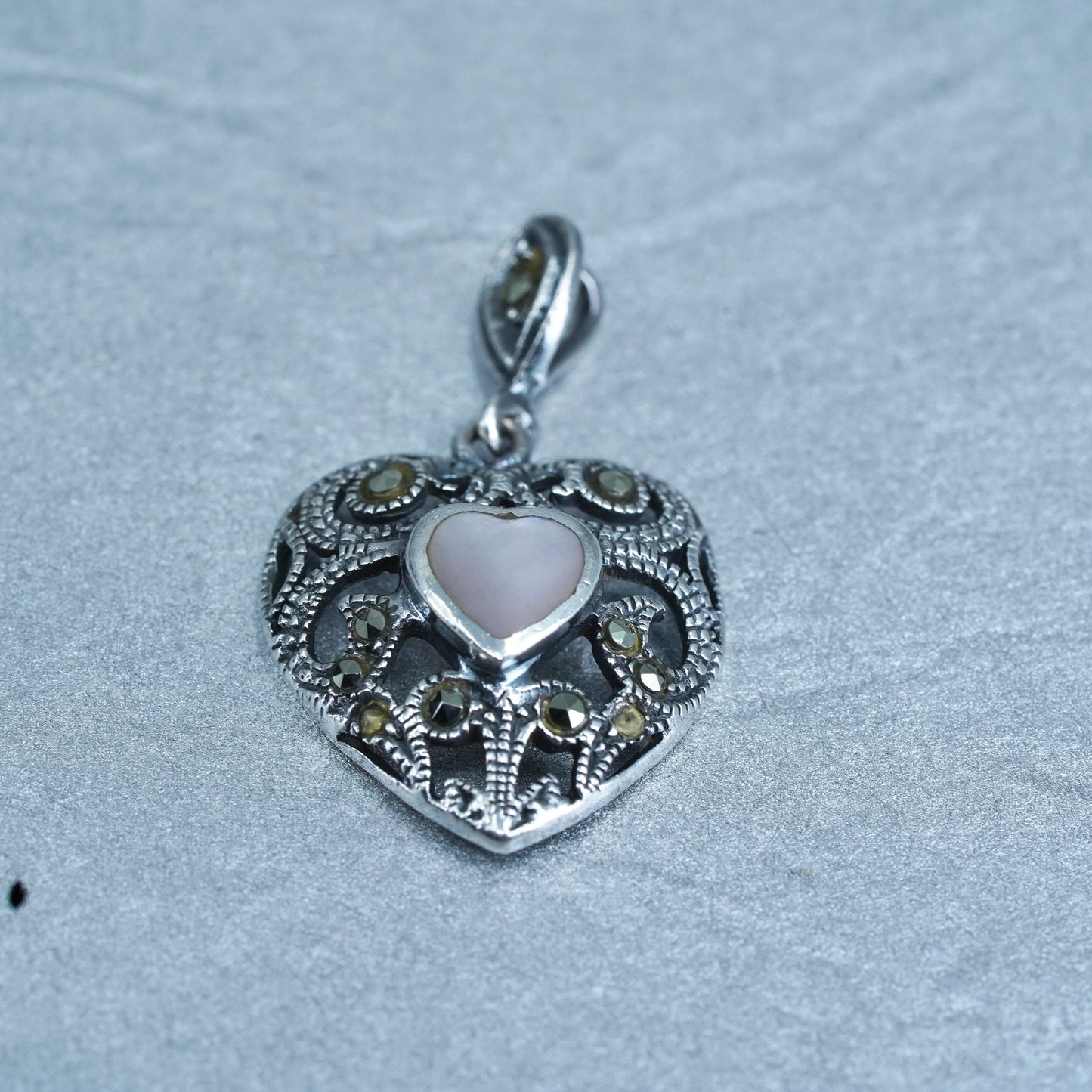 Sterling silver charm, 925 heart pendant with mother of pearl Marcasite