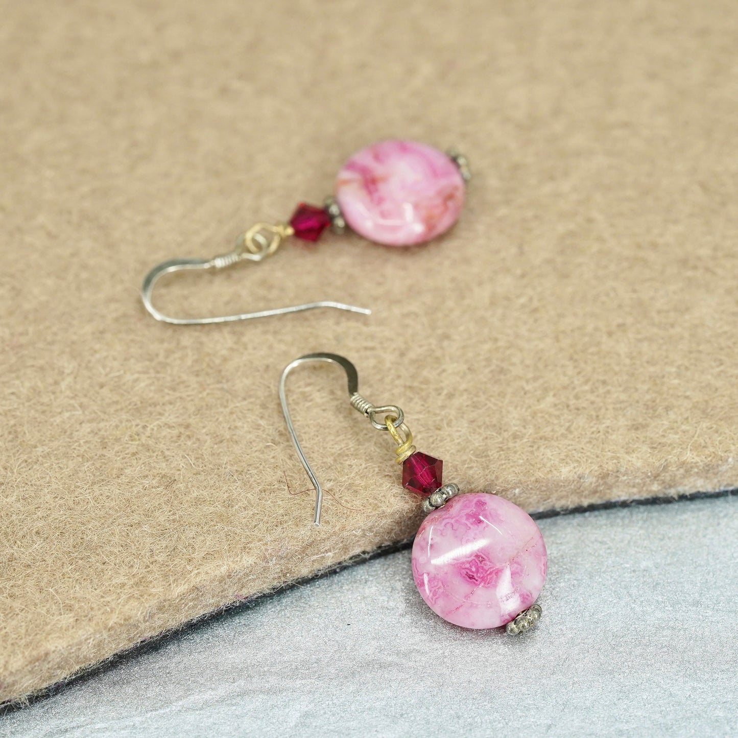 Vintage Sterling 925 silver earrings with pink agate beads