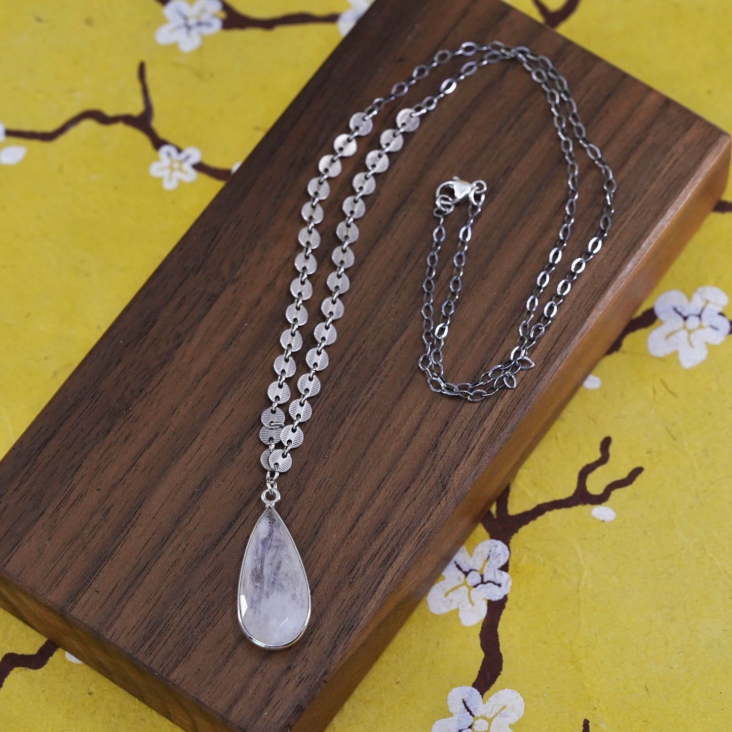 18", sterling silver necklace, 925 circle chain teardrop moonstone pendant