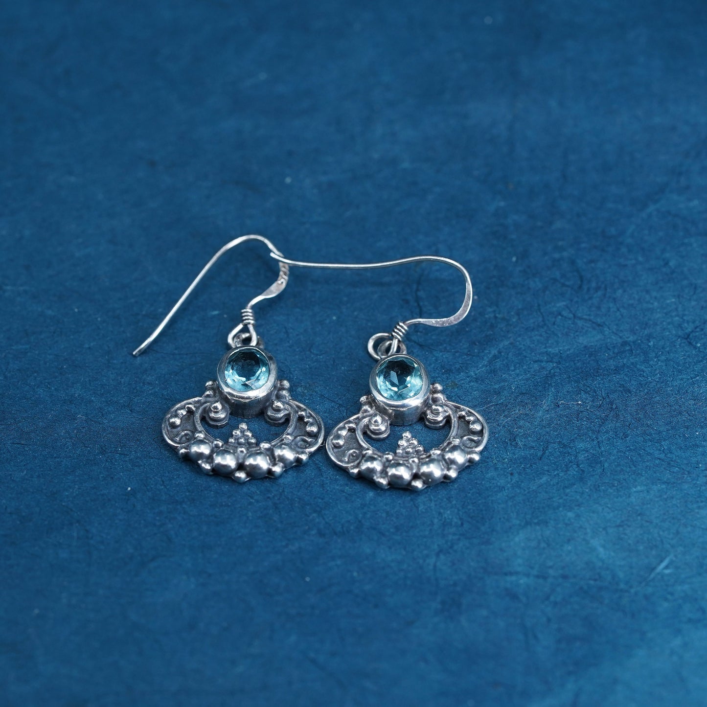 Sterling silver handmade cluster earrings, 925 dangles with blue crystal beads
