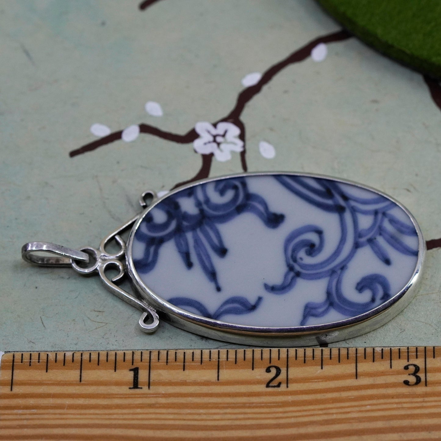 vintage handmade sterling 925 silver pendant with oval blue porcelain China