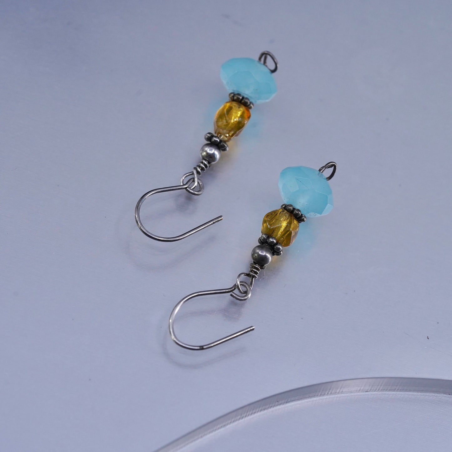 Vintage Sterling 925 silver handmade earrings with citrine chalcedony beads