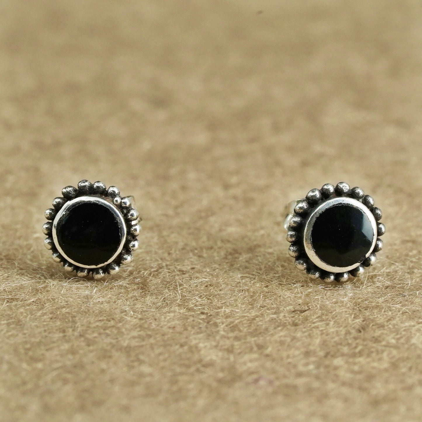 Vintage Sterling 925 silver handmade earrings, round studs with onyx