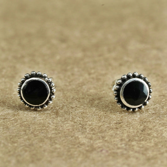 Vintage Sterling 925 silver handmade earrings, round studs with onyx