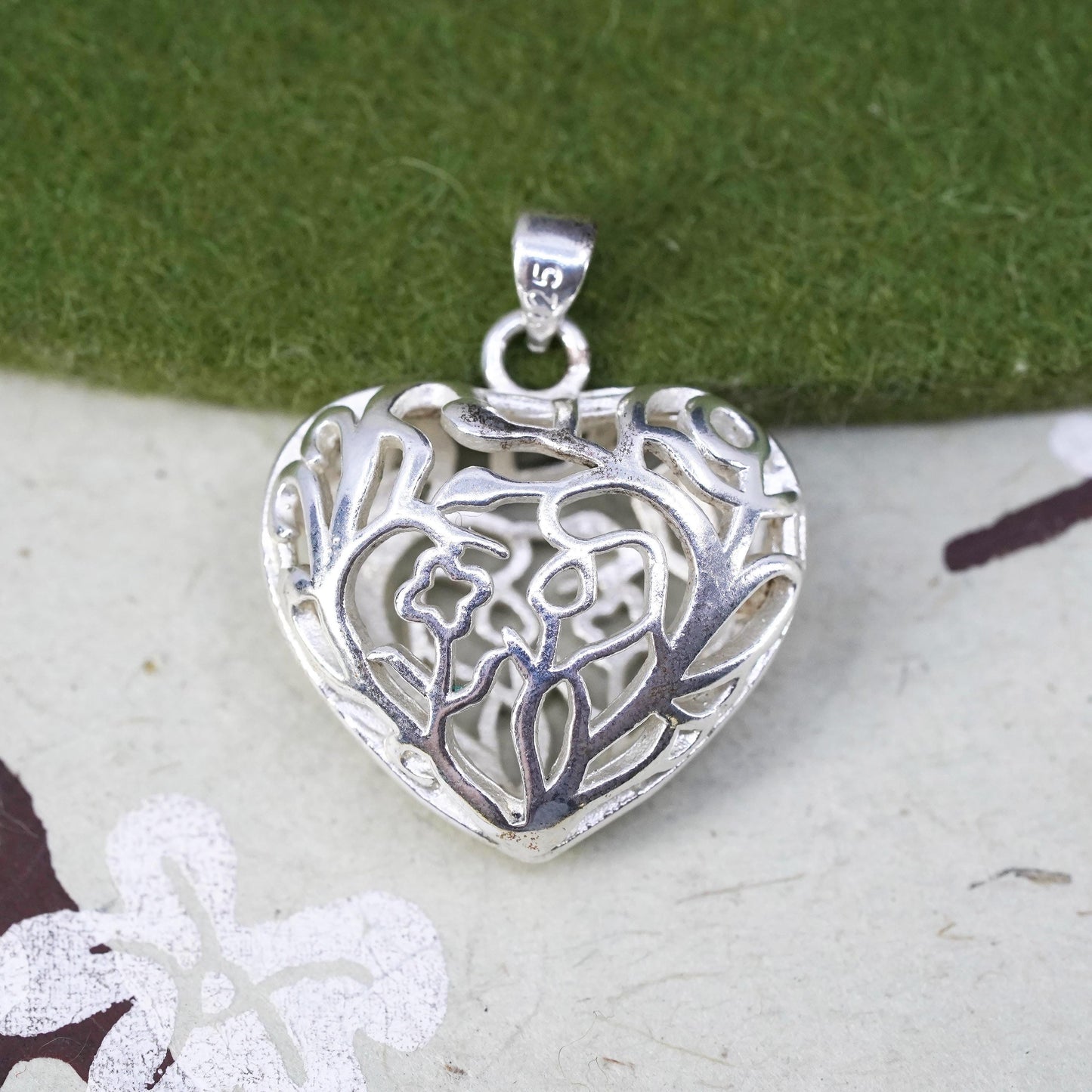 vintage sterling silver handmade pendant, 925 filigree heart