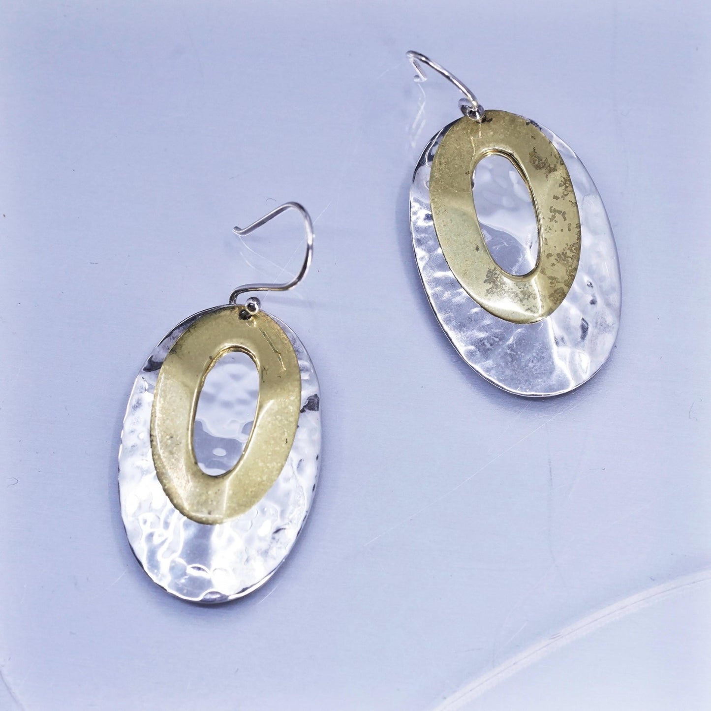 Vintage two tone Mexican Sterling 925 silver hammered oval discs earrings