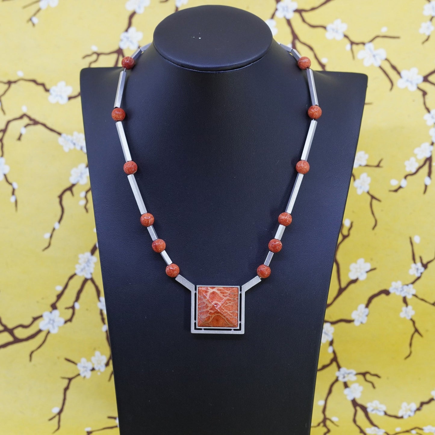 16+2”, Native American sterling silver 925 necklace, tube chain square coral