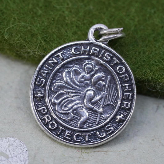 sterling 925 silver “Saint Christopher protect us” double sided charm pendant