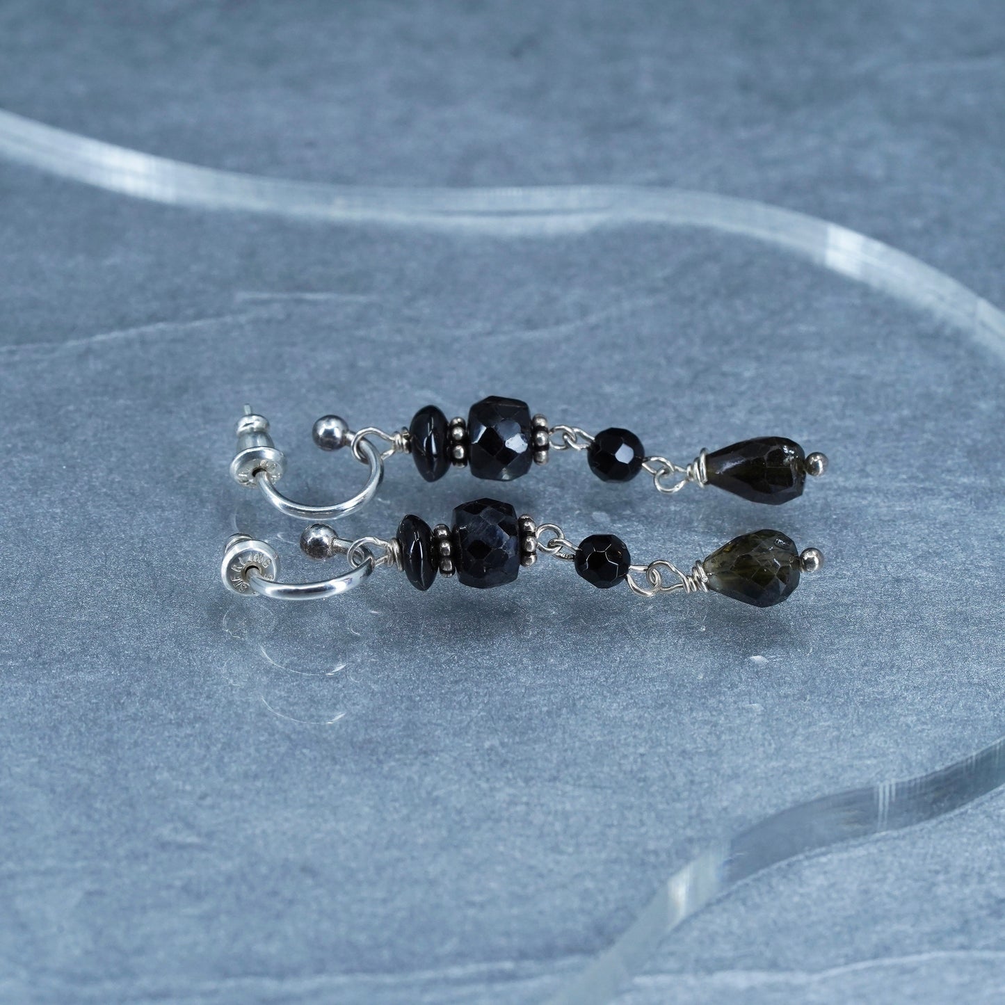 0.5”, vintage Sterling silver handmade earrings, 925 hoops with onyx beads