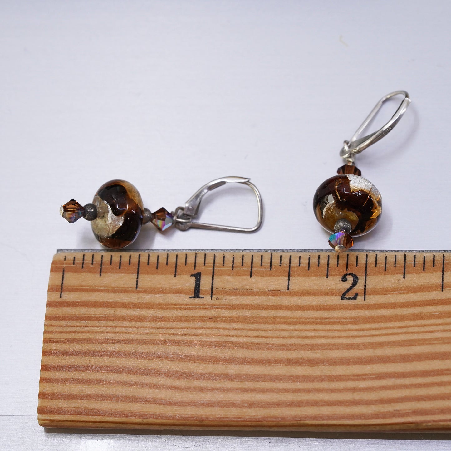 Vintage Sterling silver handmade earrings, solid 925 silver foiled glass beads