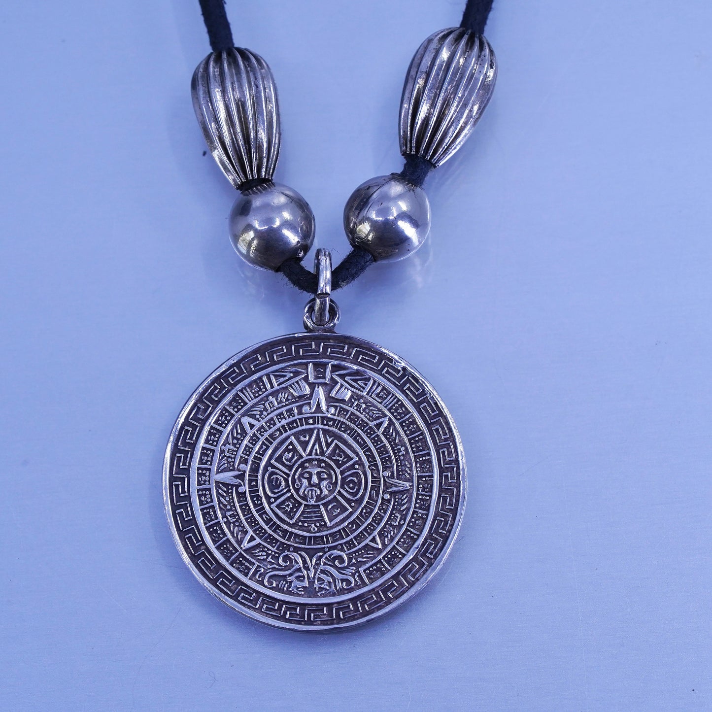 Mexican linen chain necklace with sterling 925 silver Mayan calendar pendant